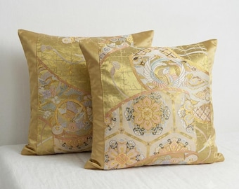 Upcycled Japanese Obi Silk Lumbar Pillow Cover, Gold Satin Patchwork, Asian Decor