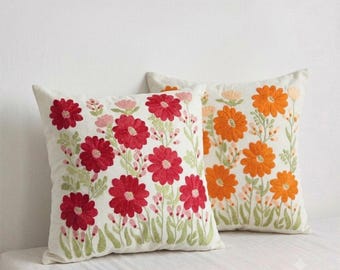 Embroidered Floral Pillow Cover, Cottagecore Botanical Throw Cushion, Farmhouse Accent Home Decor