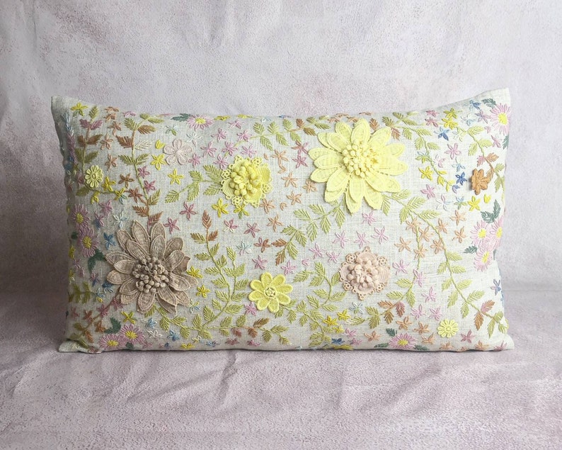Hmong hemp stitch embroidery flowers pillow, Special custom made for ESAN Studio, floral pillow, 12x20 pillow, lumbar pillow, 100% handmade image 2