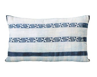 Vintage Hmong hemp indigo batik lumbar pillow,vintage hemp hand dyed Hmong , Vintage Hill Tribe Hemp Cushion Cover : 12x20"