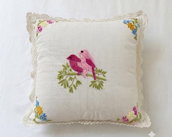 Hand Embroidered Bird Pillow Cover, Cottagecore Floral Cushion, Vintage Lace Trim, Farmhouse Decor