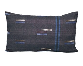 Black chocolate Lanna sashiko striped pillow, netrual pillow, minimal pillow, 12x20 pillow, lumbar ethic pillow, Hmong pillow SP