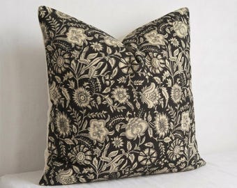 Black Floral Block Print Pillow Cover | Handmade Indian Cotton Cushion | Boho Farmhouse Decor