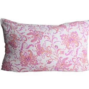 Pink pastel India block print linen pillow, block print pillow, Asian print pillow, pink pillow, floral pillow, boho pillow, linen pillow