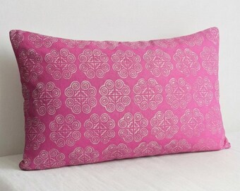 Hmong Pink Batik Pillow Cover, Ethnic Cotton Throw Pillow (12x20)