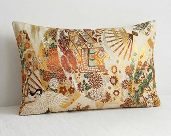 Capa de almofada vintage estilo Obi, verso em cetim dourado, almofada decorativa japonesa (30x50 cm)