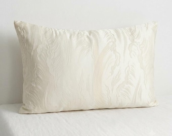 Vintage Japanese Kimono Silk Lumbar Pillow Cover, Ivory Wave Jacquard, Silver Satin Back (12x20)