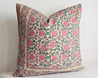 India Block Print Cotton Pillow Cover, Floral Boho Pink Pillow (20x20)