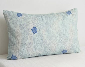 Vintage Japanese Print Pillow Cover, Blue Floral, 12x20