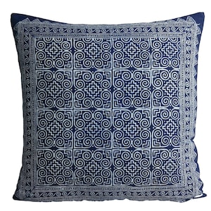 Hmong Indigo Batik Pillow No. 2 - Hill Tribe Cotton Blue White, Ethnic Indigo Pillow, Tribal Pillow,Batik Throw Pillow Cushion Cover 18x18&quot;