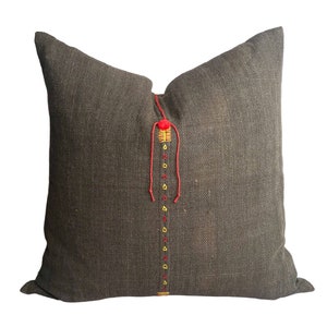 Karen Hill Tribe Hemp Textile pillow Brown Tribal Rustic Natural Handwoven Yellow Red Hand Stitched Embroidered Cushion Cover : 20x20&quot;