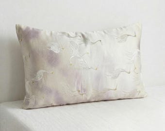 Vintage Obi Pillow Cover, Oriental Stork, Gold Satin Back, 12x20