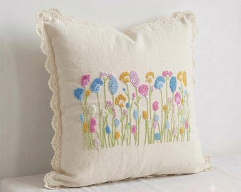 Hand Embroidered Wildflower Pillow Cover | Boho Floral Lace Trim Cushion