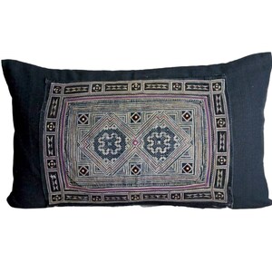 Vintage black Hmong batik lumbar pillow, Vintage Hill Tribe Cushion Cover : 12x20&quot; Hmong Batik & Hand Stitched Embroidered, Hmong pillow