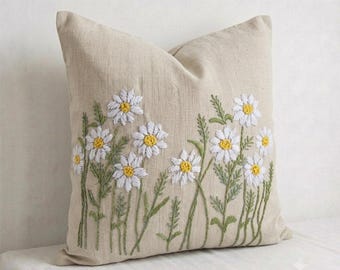 Hand Embroidered Daisy Pillow Cover, Handwoven Naturally Dyed Cotton, Botanical Cottagecore Home Decor