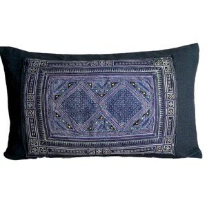 Vintage black Hmong batik lumbar pillow, Vintage Hill Tribe Cushion Cover : 12x20&quot; Hmong Batik & Hand Stitched Embroidered, Hmong pillow