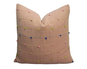 Organic brown ESAN handwoven with pastel stripe pillow, neutral pillow, minimal pillow, ethic pillow, Hmong pillow, custom size pillow