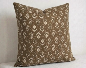 Handmade Indian Block Print Pillow Cover, Brown Floral Cushion Cover, Neutral Boho Farmhouse Decor, Cotton Throw Pillow,Bohemian Pillow