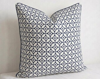 Japanese Pattern Pillow Cover, Navy Blue Cushion Cover, Handmade Thai Cotton Pillow, Reversible Throw Pillow, Asian Decor