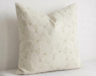 Neutral Beige Floral Embroidered Pillow Cover, Linen Cotton Cushion, Handwoven Back, Japandi Decor