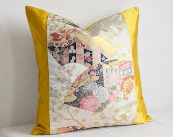 Capa de almofada vintage estilo Obi, cetim dourado, almofada decorativa japonesa (20x20)