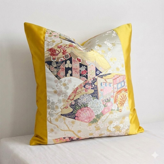 Vintage Obi Kissenbezug, goldener Satin, japanisches Kissen (20x20)