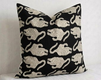 Handmade Indian Block Print Pillow Cover, Black Beige Tiger Cushion, Boho Farmhouse Home Decor,Tiger Block Print Cushion Cover,