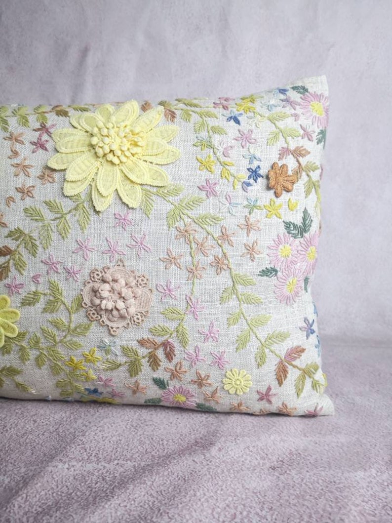 Hmong hemp stitch embroidery flowers pillow, Special custom made for ESAN Studio, floral pillow, 12x20 pillow, lumbar pillow, 100% handmade image 4