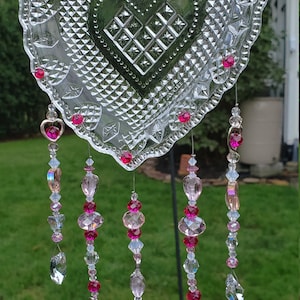 Pink and Clear Crystal Suncatcher / Heart / Glass Beads / Upcycled / Windchime / Free Shipping