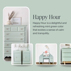 May include: Four pieces of furniture painted in a refreshing mint green color. The furniture includes a dresser, two nightstands, and a vanity with a mirror.