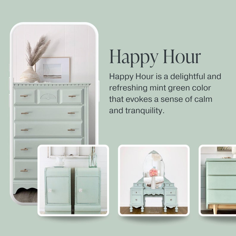 May include: Four pieces of furniture painted in a refreshing mint green color. The furniture includes a dresser, two nightstands, and a vanity with a mirror.