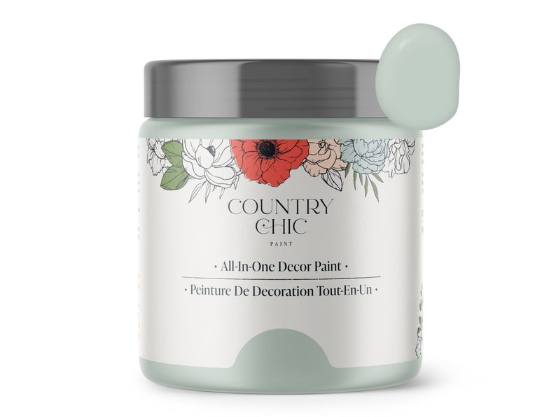 May include: A jar of Country Chic All-In-One Decor Paint in a light green color. The jar has a white label with the brand name and product description.