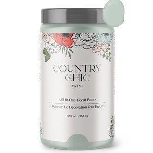 May include: A white jar of Country Chic All-In-One Decor Paint with a floral design. The jar is 32 fluid ounces or 950 milliliters.
