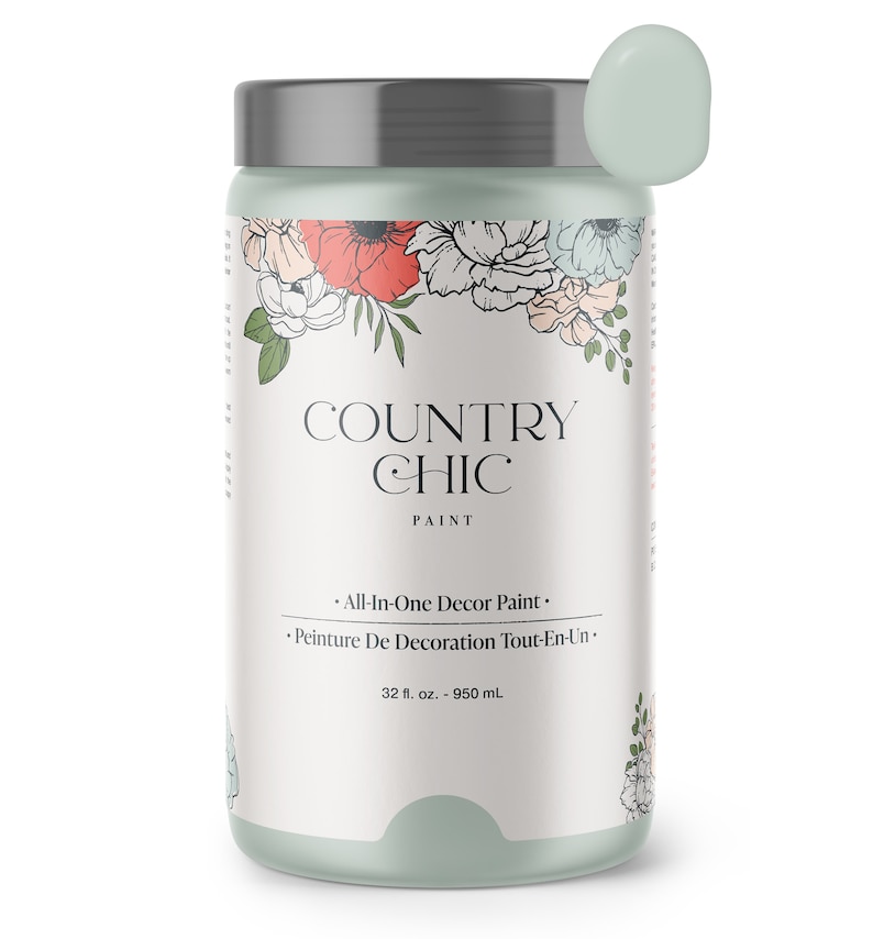 May include: A white jar of Country Chic All-In-One Decor Paint with a floral design. The jar is 32 fluid ounces or 950 milliliters.