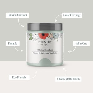 May include: A jar of Country Chic All-In-One Decor Paint. The jar is white with a black lid and a floral design. The text on the jar reads "Country Chic Paint" and "All-In-One Decor Paint".