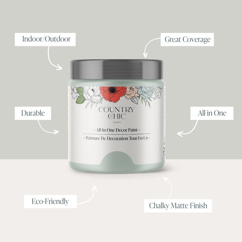 May include: A jar of Country Chic All-In-One Decor Paint. The jar is white with a black lid and a floral design. The text on the jar reads "Country Chic Paint" and "All-In-One Decor Paint".