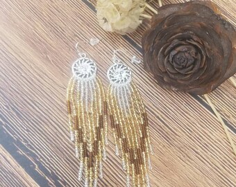 Gold Beaded Earrings, Beaded Earrings with charm, Seed Bead Earrings, Dangle Beaded Earrings