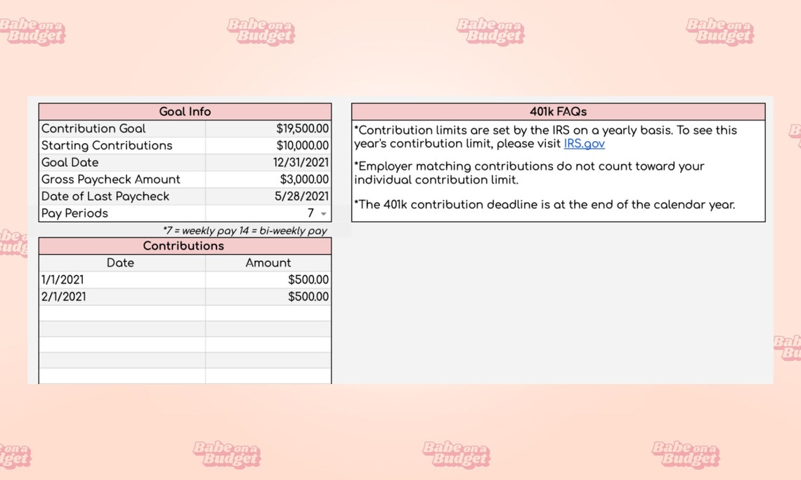 401k Contribution Tracker Savings Spreadsheet Savings Tracker Dashboard ...