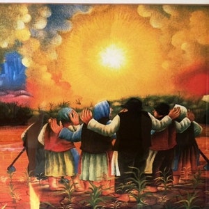 May include: A painting depicting a group of people standing in a circle, facing a bright yellow sun in the sky. The people are wearing colourful clothing and have their hands raised to their faces. The painting is set against a backdrop of a blue and yellow sky with clouds.