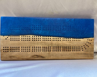 Figured Maple Cribbage Board designed with Royal Blue Resin