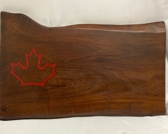Live Edge Roasted Maple Charcuterie Board with Red Resin Maple Leaf