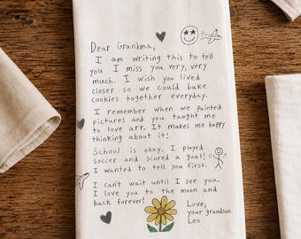 Custom Kids Drawing Tea Towel, Child's Kitchen Decor, Letter to Grandma, Personalized Artwork Gift