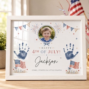 Impressão de mão personalizada para o 4 de julho, arte patriótica infantil com foto, modelo de tela para o primeiro Dia da Independência