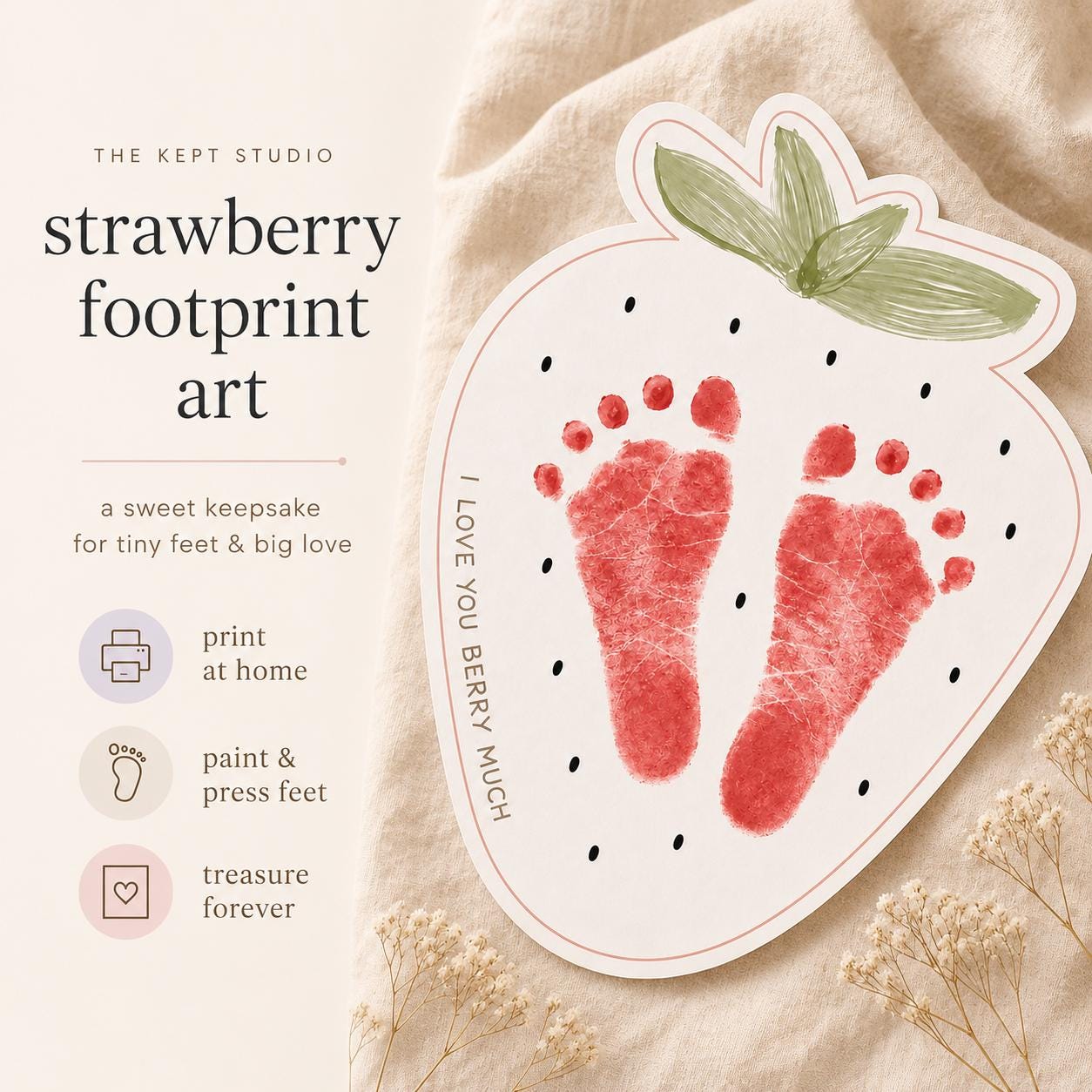 Strawberry Footprint Art Craft, Summer Toddler Keepsake (Digital…