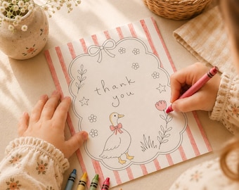 印刷可能な子供向けサンキューカード、ガチョウの塗り絵、折りたたみ式メモ、子供向けギフトのデジタルダウンロード