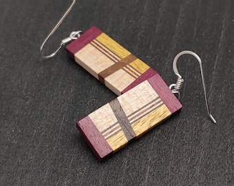 Modern Wood Earrings - Handcrafted Dangles - Art Deco Inspired with Maple, Walnut, Yellowheart, and Purpleheart (ED313)