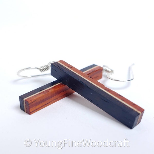 Sleek Modern Earrings - featuring Wenge, Paduak, and Maple - Medium Length Dangles - Minimalist Jewelry - Fine Art Jewelry (ED325)