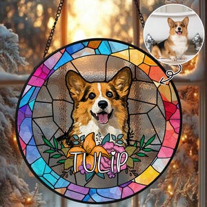 Custom Pet Portrait Stained Glass Suncatcher, Stained Glass Dog Memorial, Custom Dog Portrait from Photo, Pet Memorial Gift, Window hangings