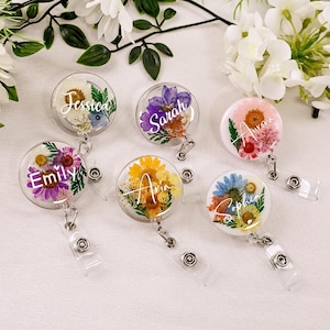 Bobine de badge fleur véritable, pince crocodile pour bobine de badge floral personnalisé, porte-badge personnalisé, cadeau d'anniversaire pour ami/mère/infirmière/professeur