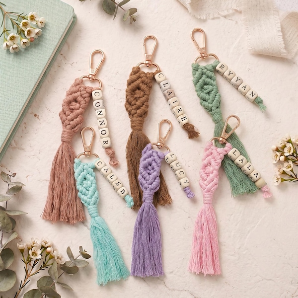 Boho Taschenanhänger, personalisierte Makramee-Schlüsselanhänger, ästhetischer Taschenanhänger, benutzerdefinierte Quaste Schlüsselanhänger, niedliche Boho Accessoires für Frauen